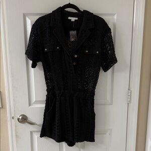HYFVE Black Crochet Short Sleeve Romper with Button Details